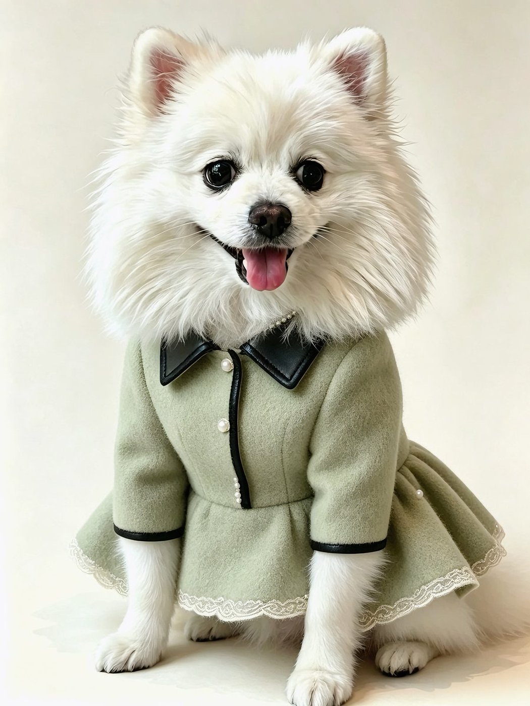 白色博美犬身穿抹茶绿拼皮翻领小香风连衣裙，裙边饰有白色蕾丝