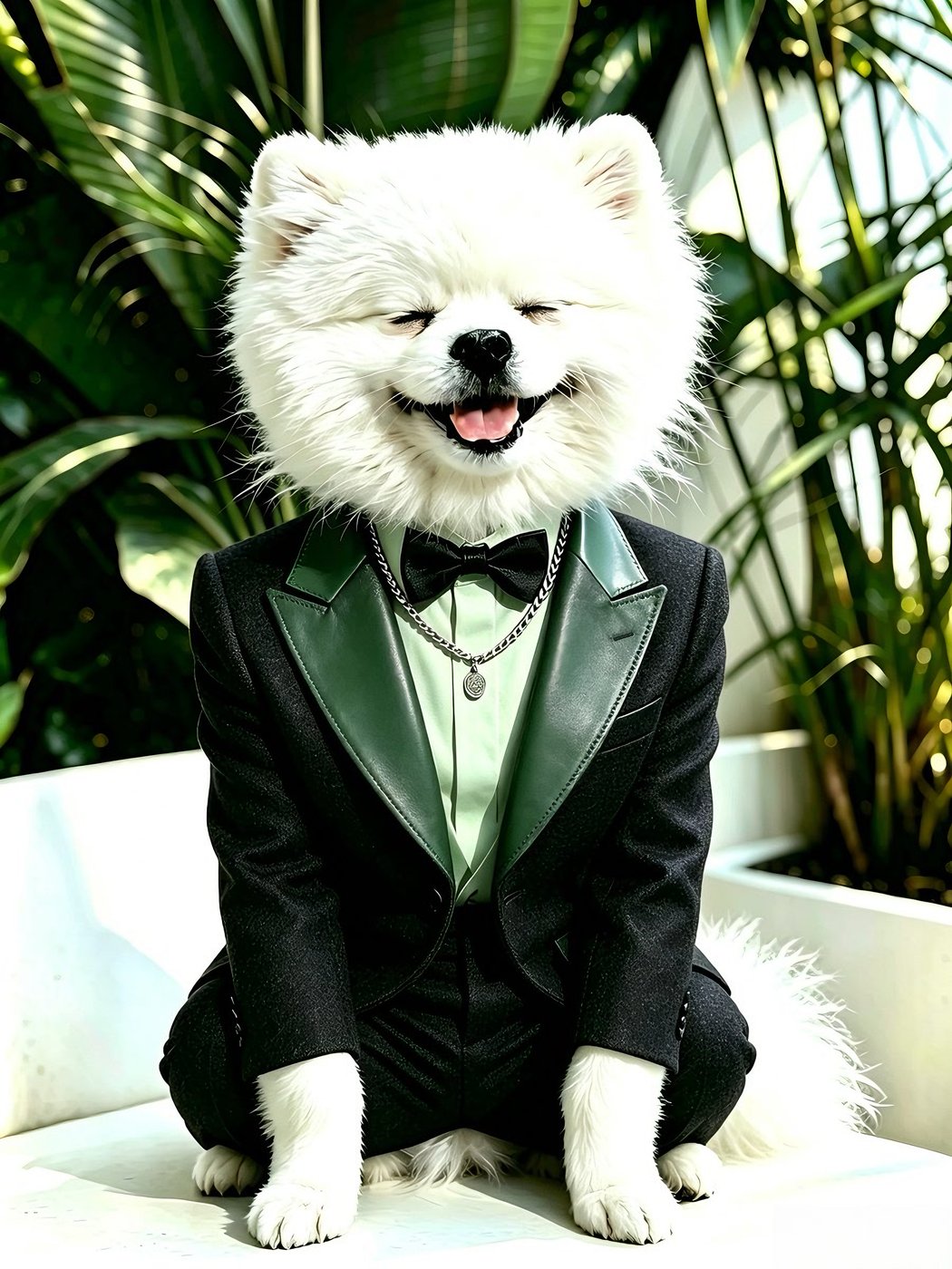 白色博美犬身穿墨绿拼皮青果领礼服，搭配黑色领结与银色项链，背景为热带绿植