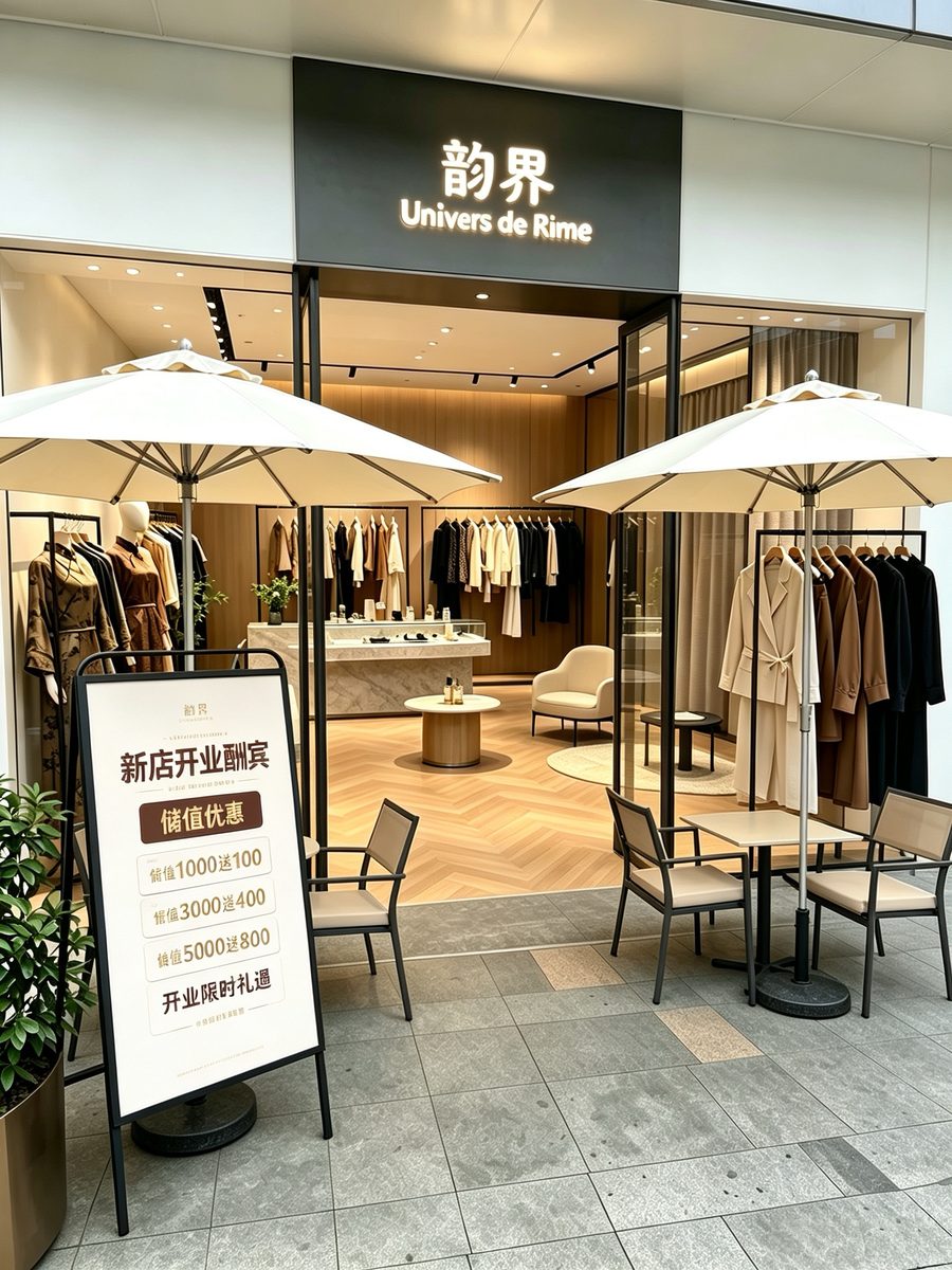 韵界 Univers de Rime 品牌实体门店外观，店内陈列新中式与通勤服饰，门前设有开业礼遇立牌