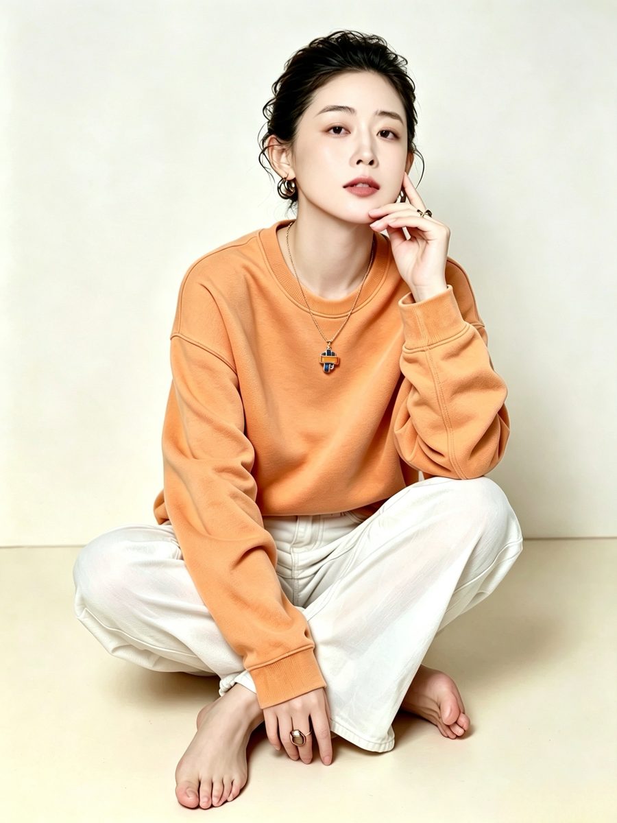 珠珠生活化穿搭造型：橘色卫衣搭配白色长裤，盘坐于米白背景前，松弛自然